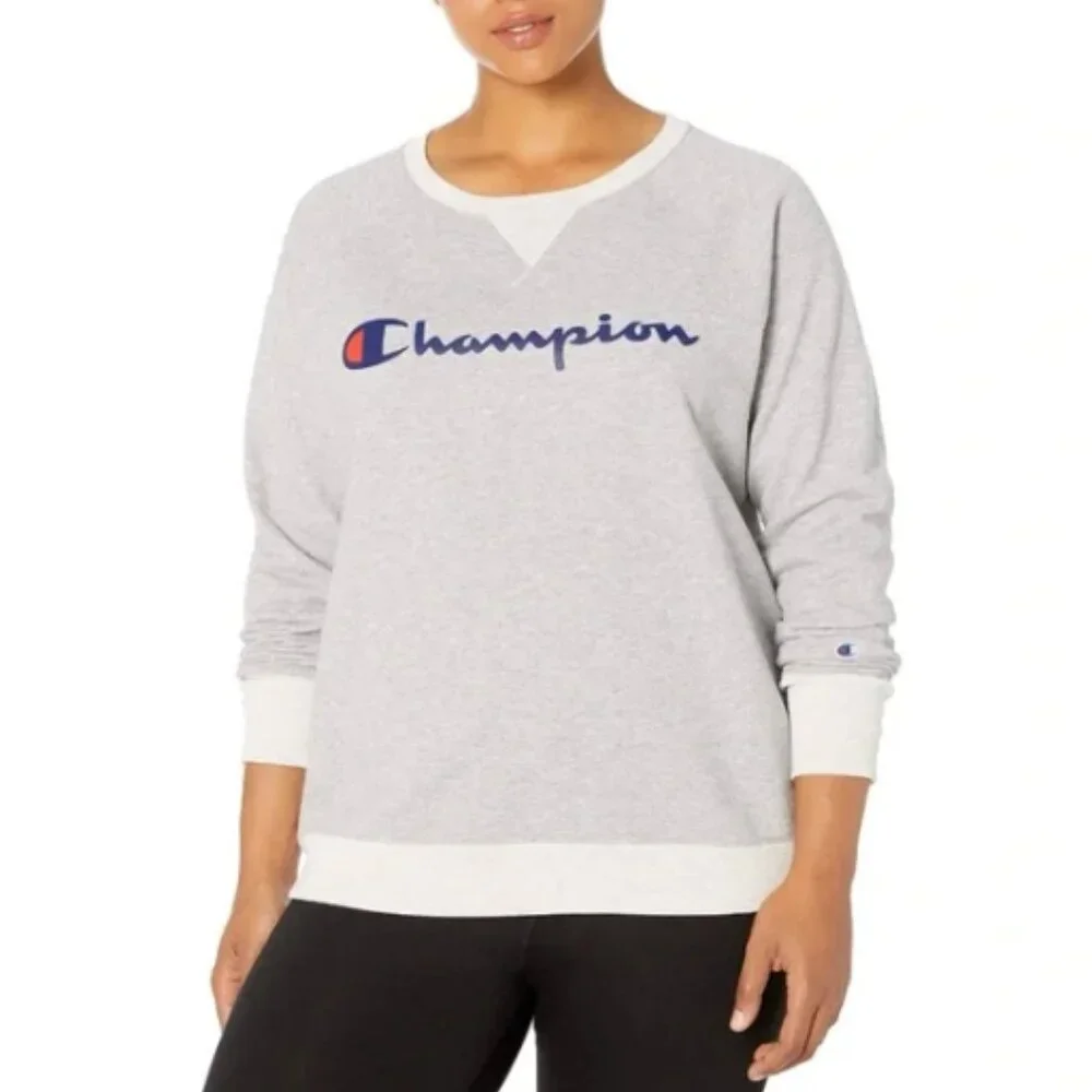 Champion Gray Crewneck Sweatshirt Cream Trim Fleece Logo Plus Size 2X - Picture 1 of 15